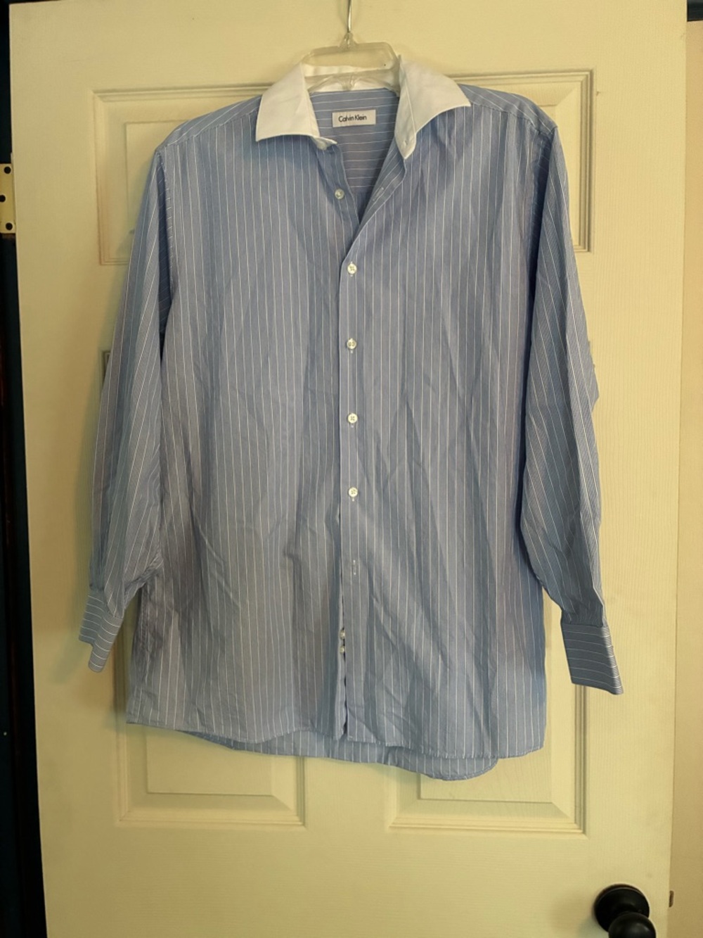 Calvin Klein Light Blue Pinstripe Dress Shirt with White Contrast Collar